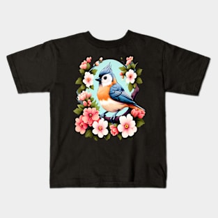 Cute Tufted Titmouse Surrounded by Vibrant Spring Flowers Kids T-Shirt